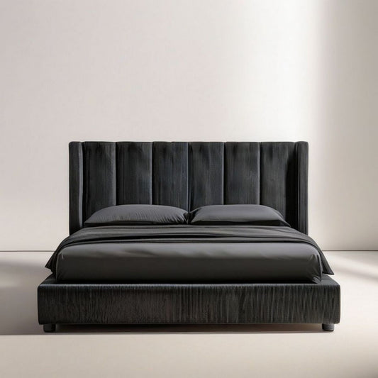 Gepolstertes Doppelbett 180 x 200 cm Schwarz mit geripptem Polyesterbezug