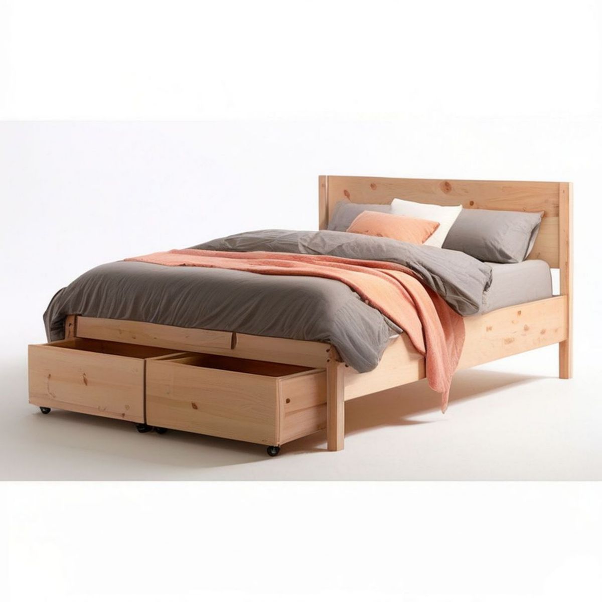 Massivholzbett aus Kiefernholz mit 2 Rollschubladen, 160 x 200 cm, Natur