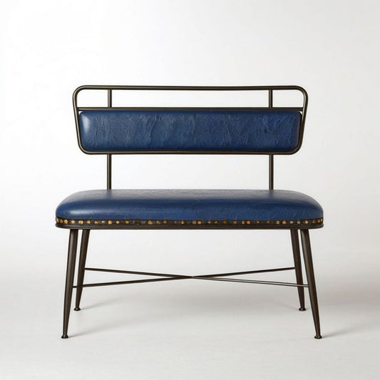 Gepolsterte Sitzbank mit Rückenlehne, 105 x 52 x 84 cm, Dunkelblau/Dunkelbraun/Messingfarben