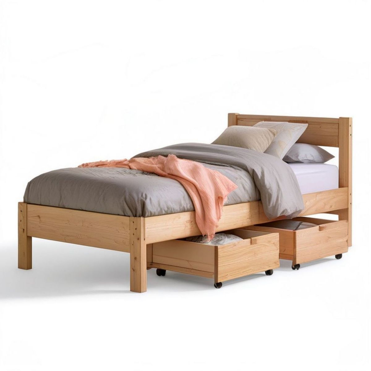 Kiefernholzbett 90 x 200 cm Natur mit 2 rollbaren Bettkästen