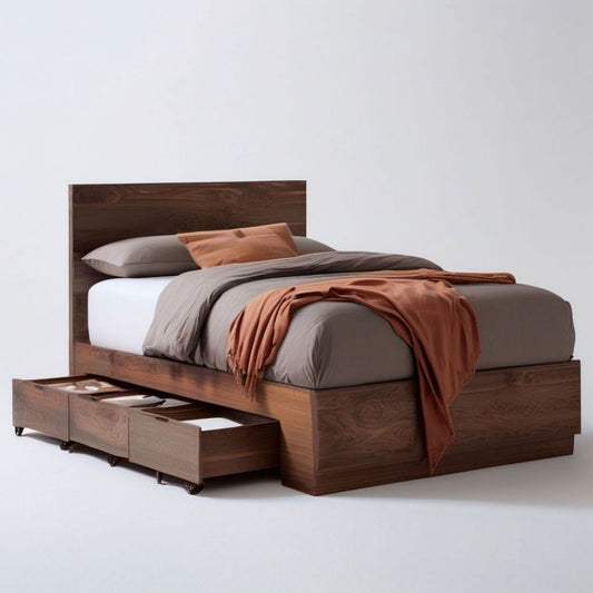 Bettgestell mit 3 Rollschubladen, 180 x 200 cm, Dunkelbraun mit Walnussdekor